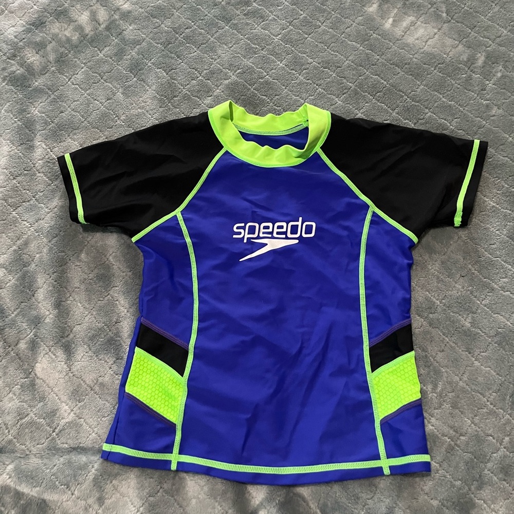 Speedo Boys Blue Black Lime Green Short Sleeve Rash Guard UV‎ 50+ Size 6-6X